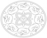 Printable haloween mandala with pumpkins coloring pages