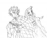 Printable Tanjiro Kamado and his younger sister demon slayer coloring pages