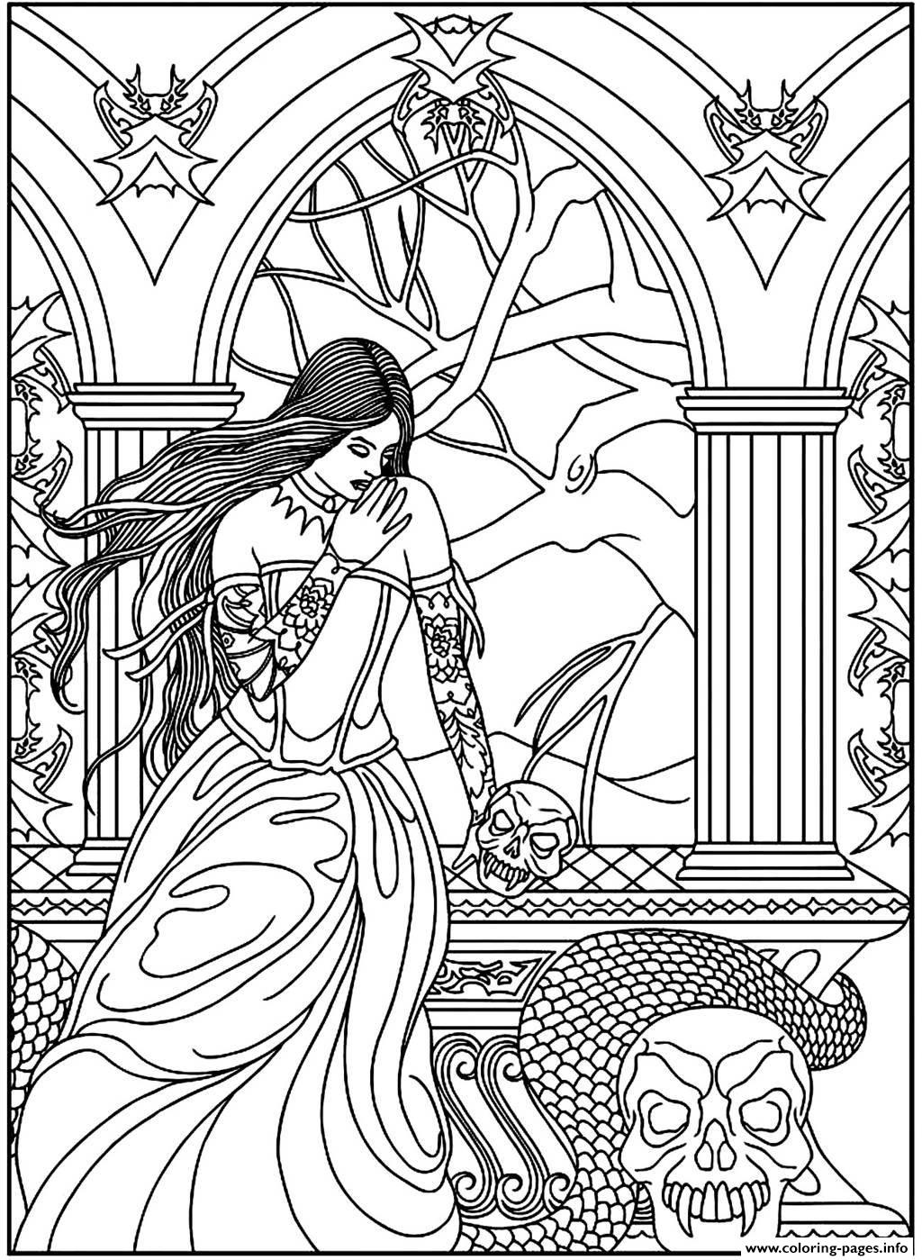 Adult Fantasy Woman Skulls Snake coloring pages