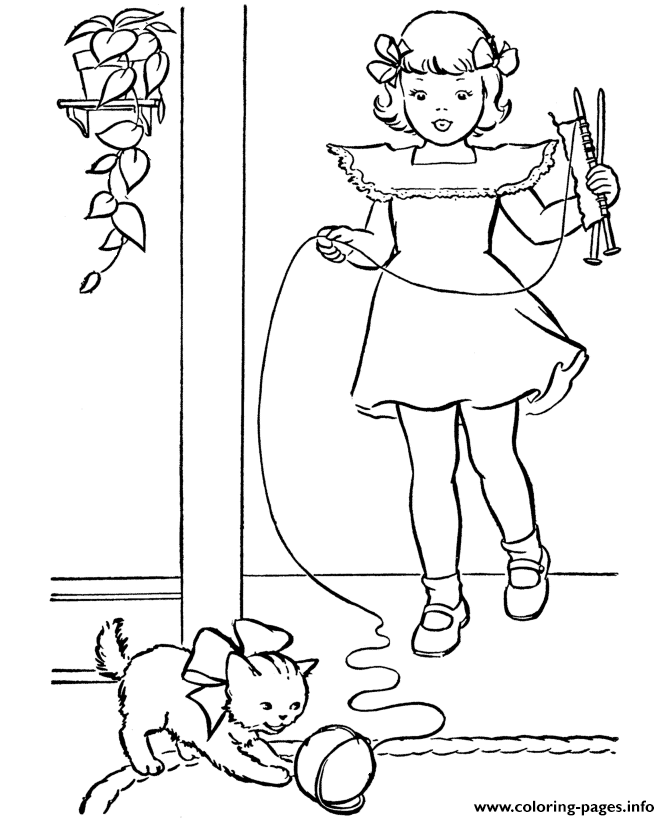 Cat Plays Owner Yarn Animal Sb624 Coloring Pages Printable