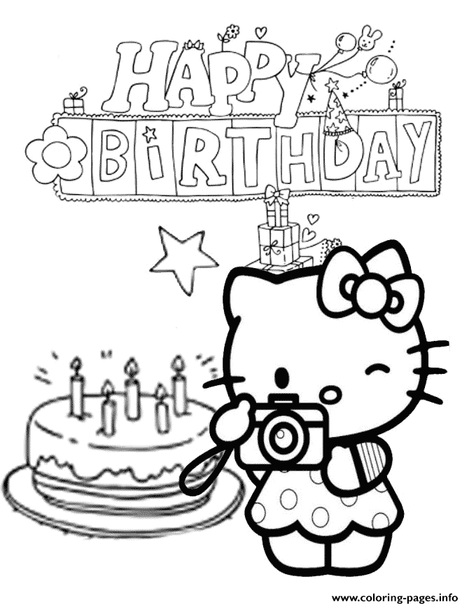 Hello Kitty Cake And Star Birthday Coloring Pages Printable