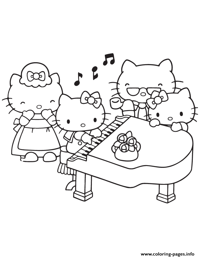 Hello Kitty Playing Piano With Family Coloring Pages Printable