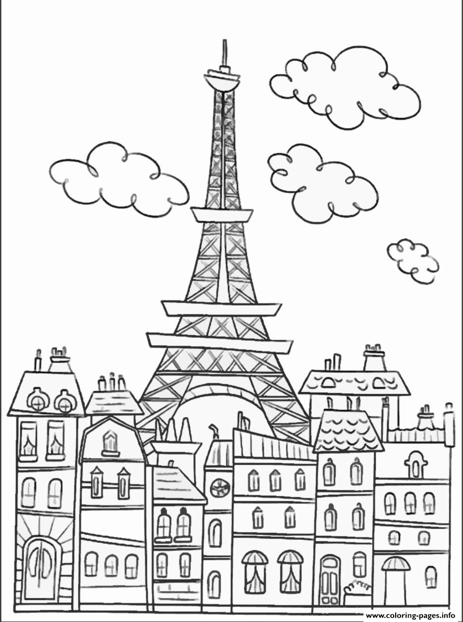 City Adult Paris Buildings And Eiffel Tower Coloring Pages Printable