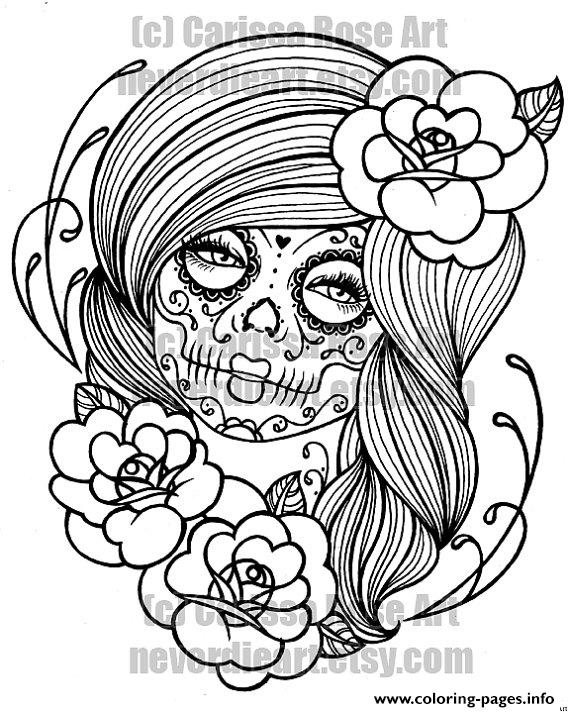 Sexy Woman Sugar Skull Flowers Coloring Pages Printable