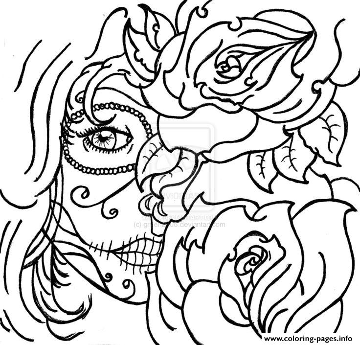 Sugar Skull Woamn Flowers Cool Coloring Pages Printable
