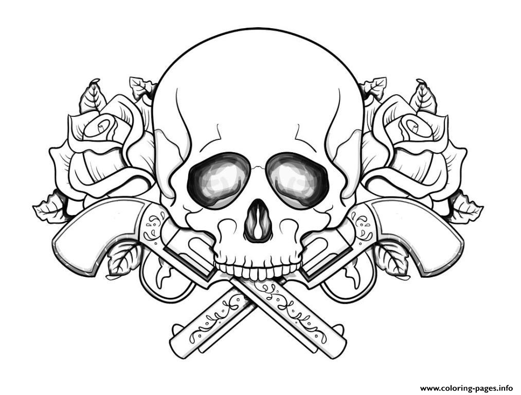 Skull With Guns Flowers Coloring Pages Printable