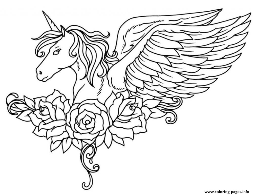 Ornate Winged Unicorn Flowers Coloring Pages Printable