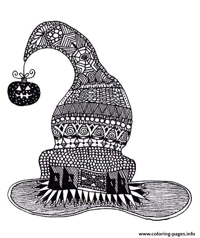Adult Halloween Zentangle Witch Hat Coloring Pages Printable