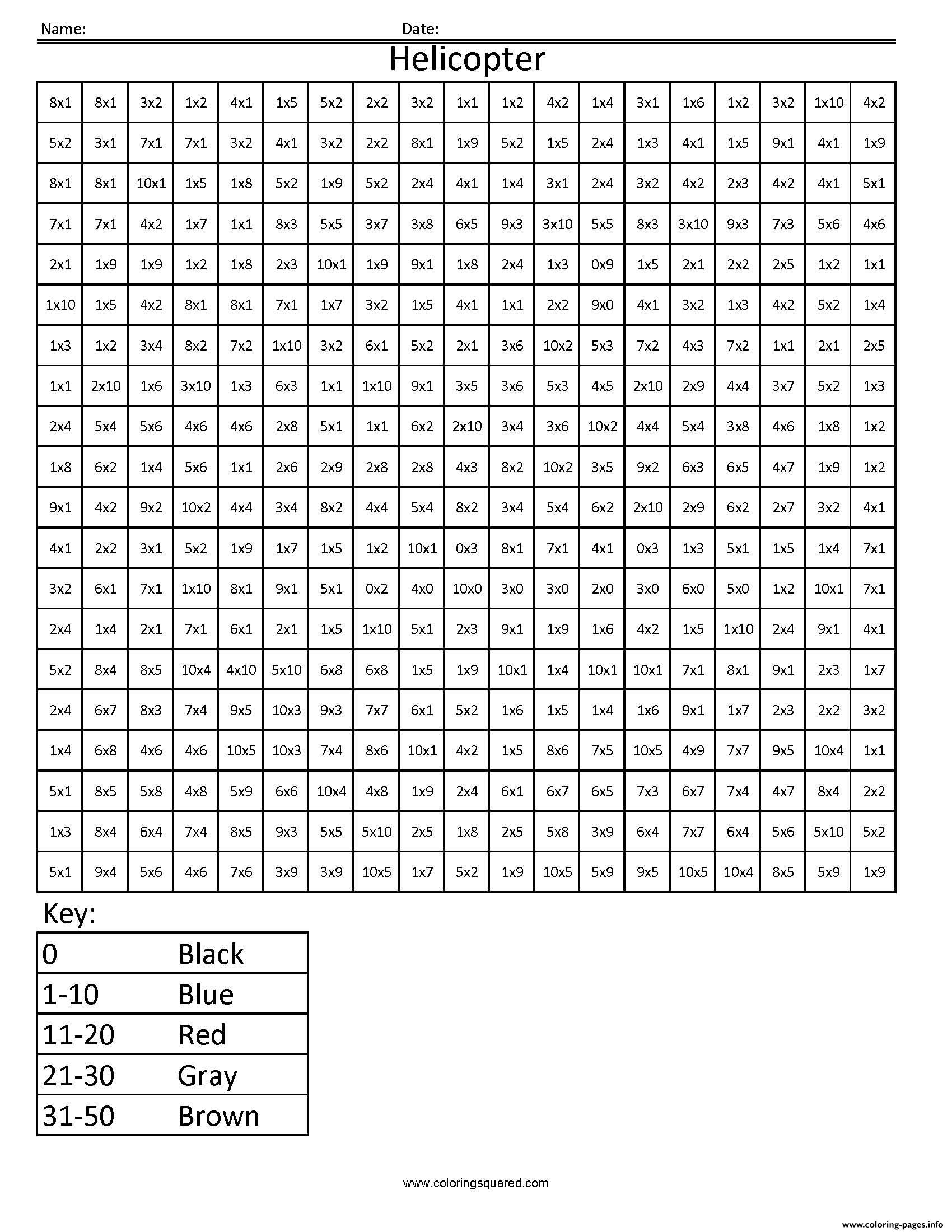 Helicopter Color Number Multiplication Math Pixel Art Coloring Pages