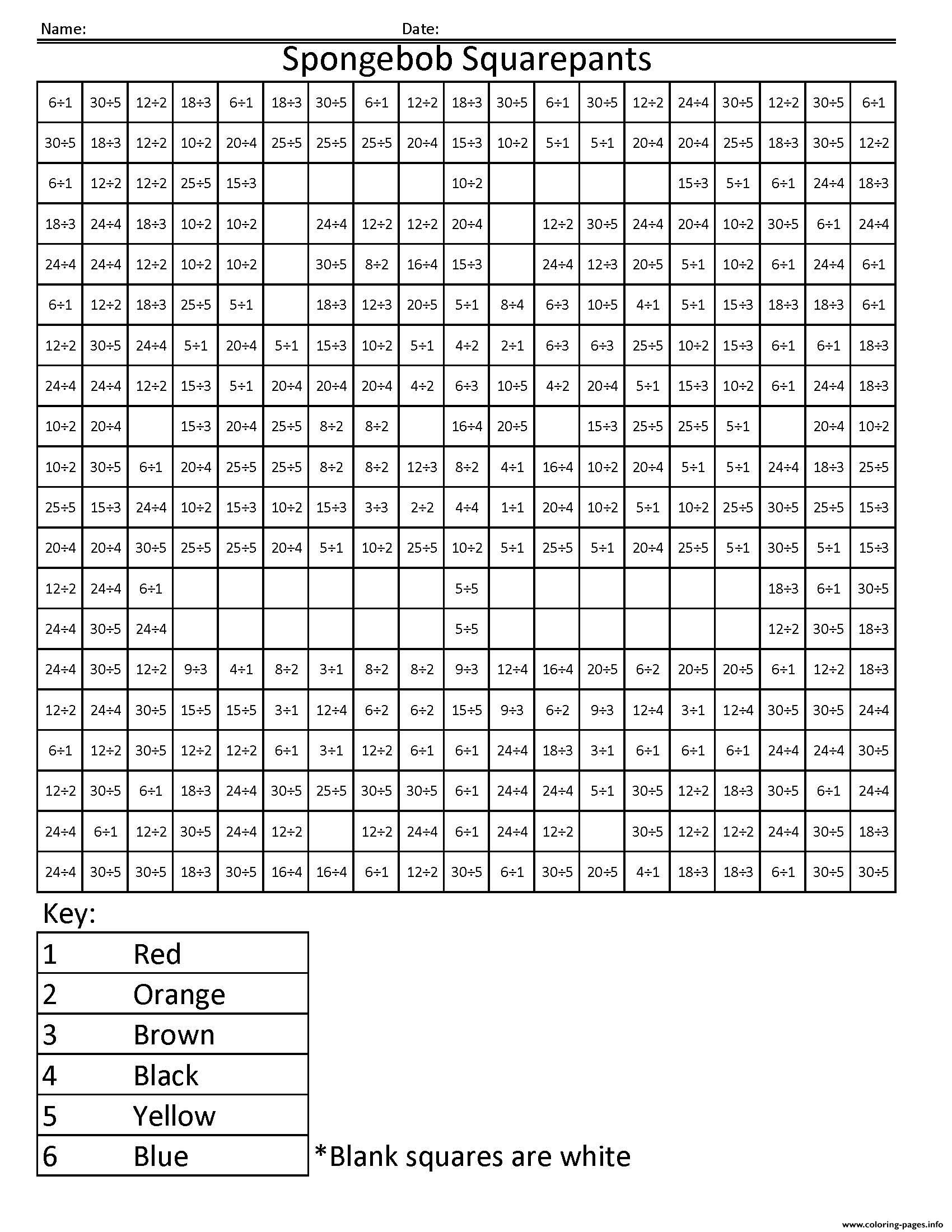 Spongebob Squarepants Cartoon Math Worksheet Division Pixel Art