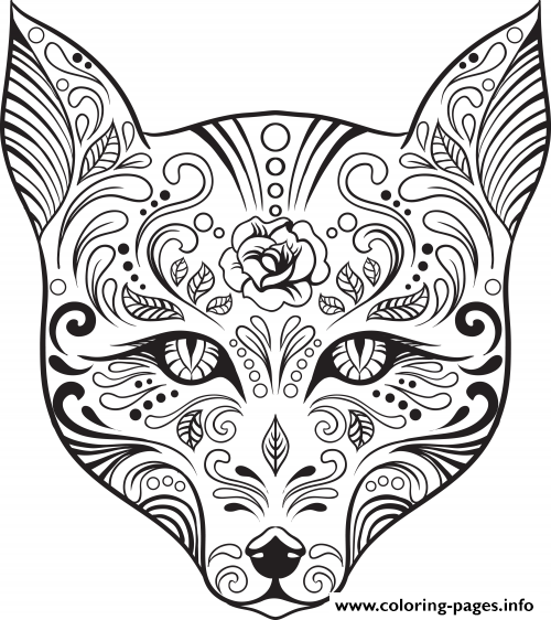 Advanced Cat Sugar Skull Coloring Pages Printable Pattern