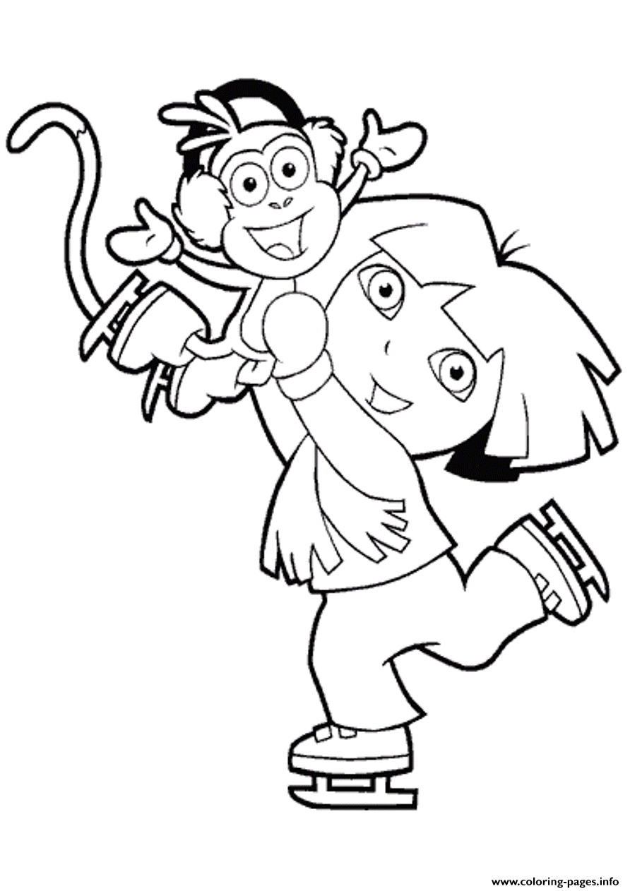 Dora Ice Skating Winter Kids coloring pages Print Download