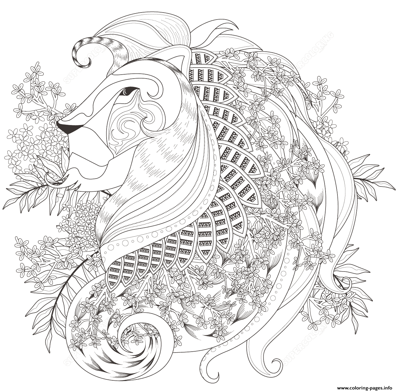 Zentagle Lion With Floral Elements Adults Coloring Pages Printable