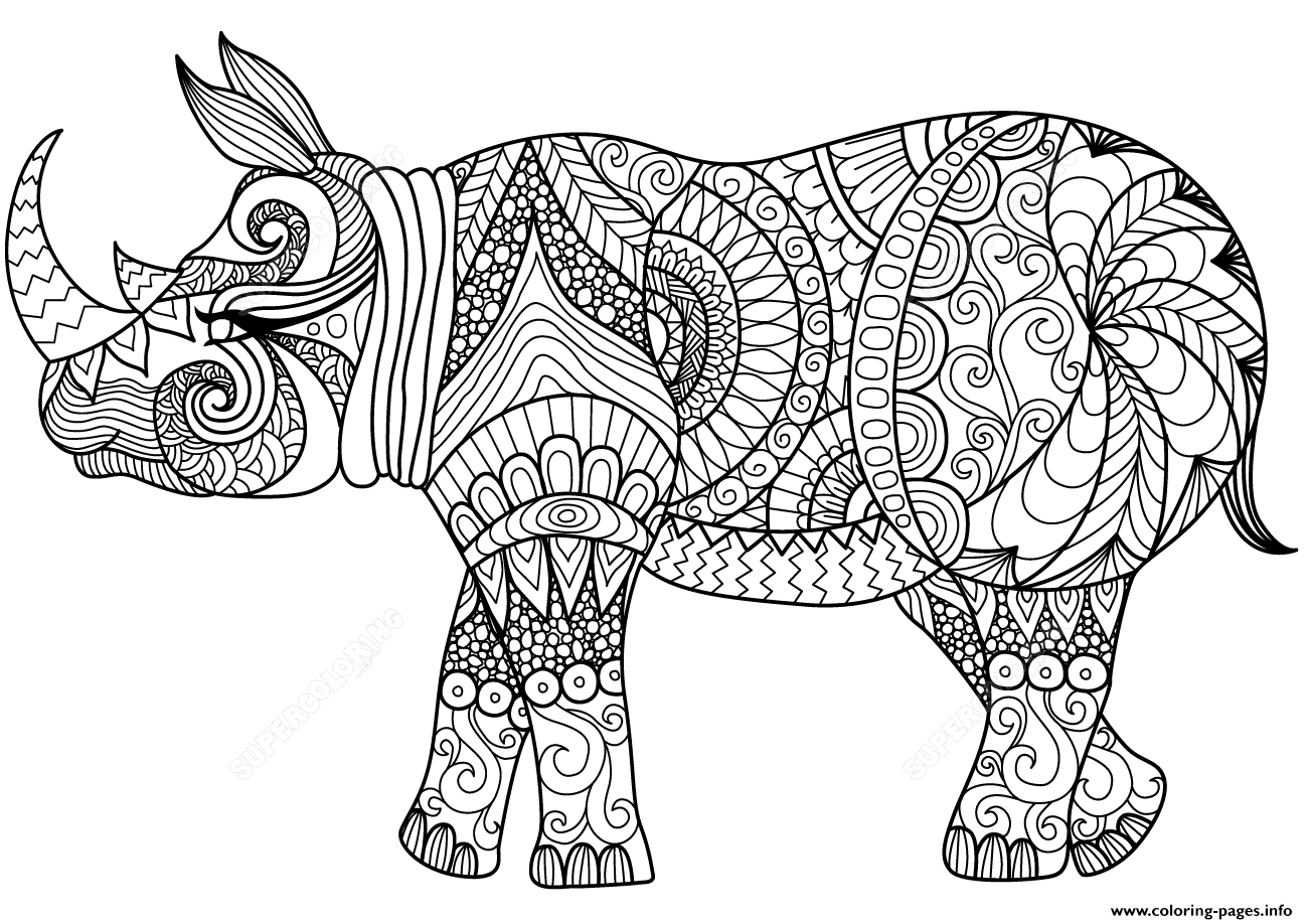 Zentangle Rhino Adults Coloring Pages Printable