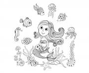 Printable adult mermaid and fishes by amalga coloring pages