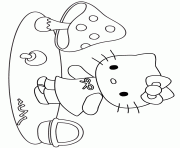 Printable hello kitty picking mushrooms coloring pages