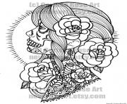 Printable woman sugar skull flowers coloring pages