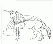 Printable beautiful unicorn with rainbow in background coloring pages