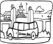Printable school bus  in the town coloring pages