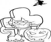 Printable black cat and pumpkin winking in front of tombstone halloween coloring pages