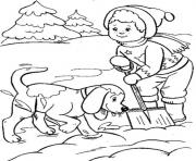 Printable boy and dog playing snow winter s for kids477d coloring pages