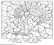 Printable thanksgiving turkey color by number letter coloring pages