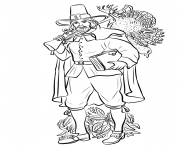 Printable pilgrim with musket and turkey thanksgiving coloring pages