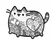 Printable pusheen the cat adult inspired zentangle with mandala coloring pages