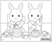 Printable calico critters eating delicious pancake coloring pages