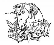 Printable Sweet outline unicorn and lily flowers tattoo design coloring pages