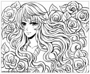 Printable manga girl with flowers by flyingpeachbun coloring pages