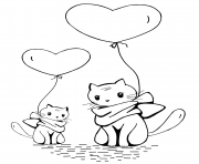 Printable cats with heart balloons coloring pages