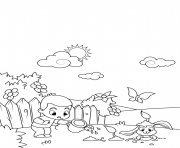 Printable boy watering flowers and cute rabbit digging through them coloring pages