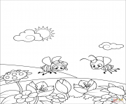 Printable two bees fly over a flowering meadow coloring pages