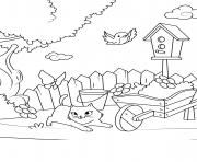 Printable cat playing with a butterfly in the yard coloring pages
