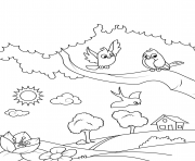 Printable birds in the village coloring pages