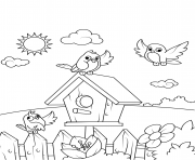 birds near a birdhouse