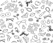 Printable doodle girl power symbols seamless pattern coloring pages