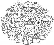 Printable mandala delicious cupcakes coloring pages
