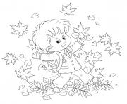 Printable Thanksgiving holiday boy in leaves coloring pages