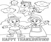 Printable Happy Thanksgiving Unicorn and Pilgrims coloring pages