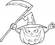 Printable halloween pumpkin with a witch hat and scythe coloring pages