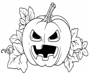 Printable lantern from pumpkin with the cut out of a terrible grin and leaves outlined coloring pages