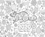 Printable new year 2020 rat and festive objects image for calendar coloring pages