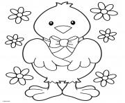 Printable chick with a ribbon and pretty flowers coloring pages