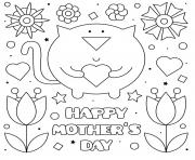 Printable mothers day cat flowers hearts coloring pages