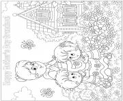 Printable mothers day grandmother girl boy hug flowers garden butterlies coloring pages