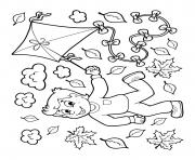 Printable fall boy running through leaves flying kite coloring pages