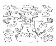 Printable fall scarecrow falling leaves coloring pages