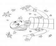Printable fall girl standing in the falling leaves coloring pages